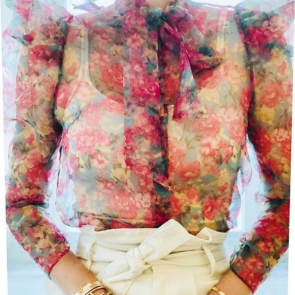 🎊🥳🎉 Host Pick! 🎊🥳🎉 NEW Zara Puff Sleeve Floral Organza Bow Tie Blouse